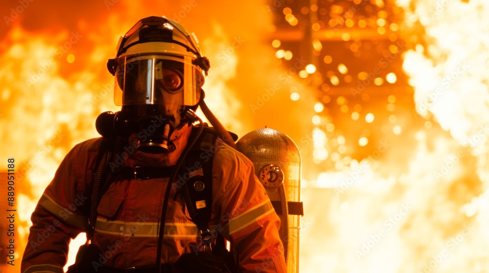 Fire-fighting with showcasing a fire effect, a firefighter in full uniform, fireproof clothing, personal protective equipment, and an oxygen cylinder. Fire-fighting with showcasing a fire effect, a firefighter in full uniform, fireproof clothing, personal protective equipment, and an oxygen cylinder.