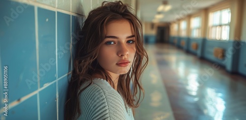 Young Woman Leaning Against Wall In Hallway