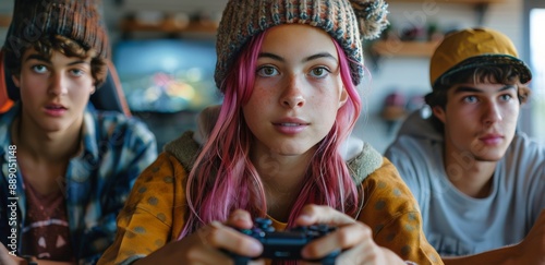 Young Woman Playing Video Games With Friends in Living Room