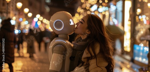 Woman Smiling At White Robot In A City At Night