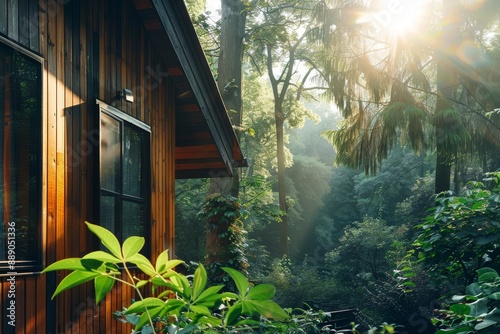 Cozy wooden cabin in a forest with rays of sunlight shining through the trees photo