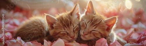 Two Orange Kittens Napping in a Bed of Pink Petals