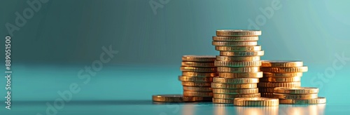 Stacks of Gold Coins on a Turquoise Background