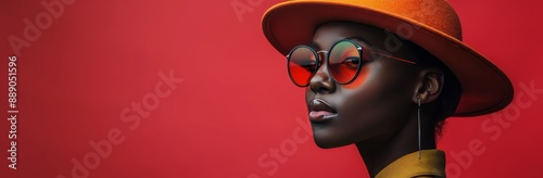 Woman Wearing Sunglasses and a Hat in Front of a Red Wall