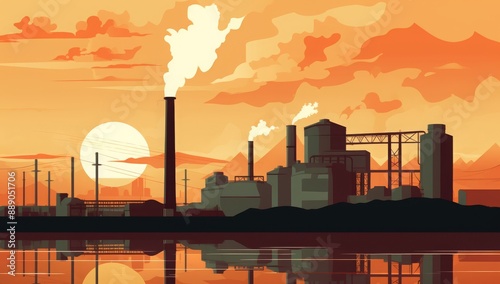 Illustration of a factory releasing smoke from its chimneys causing environmental pollution and contamination