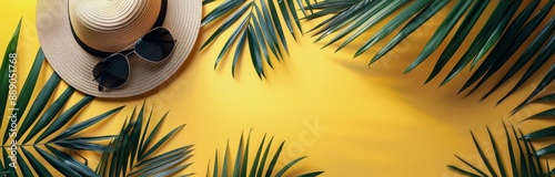 Straw Hat and Sunglasses on Yellow Background With Palm Leaves