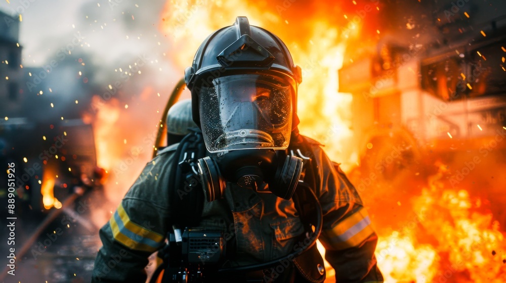 Fire-fighting with showcasing a fire effect, a firefighter in full uniform, fireproof clothing, personal protective equipment, and an oxygen cylinder. Fire-fighting with showcasing a fire effect, a firefighter in full uniform, fireproof clothing, personal protective equipment, and an oxygen cylinder.