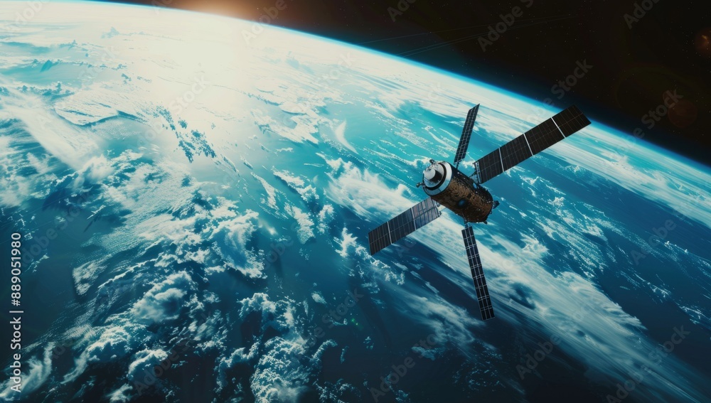 Satellite station with solar panels floating in space above blue round planet earth globe. Satellite station with solar panels floating in space above blue round planet earth globe.