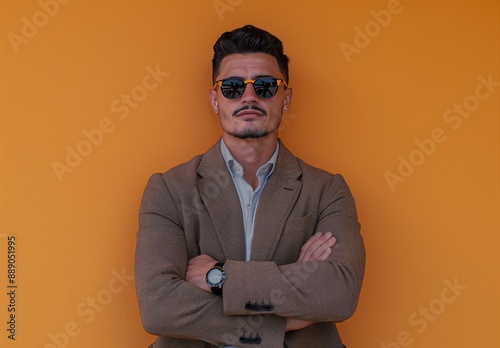 Man With Sunglasses and Brown Jacket Posing in Front of a Yellow Wall