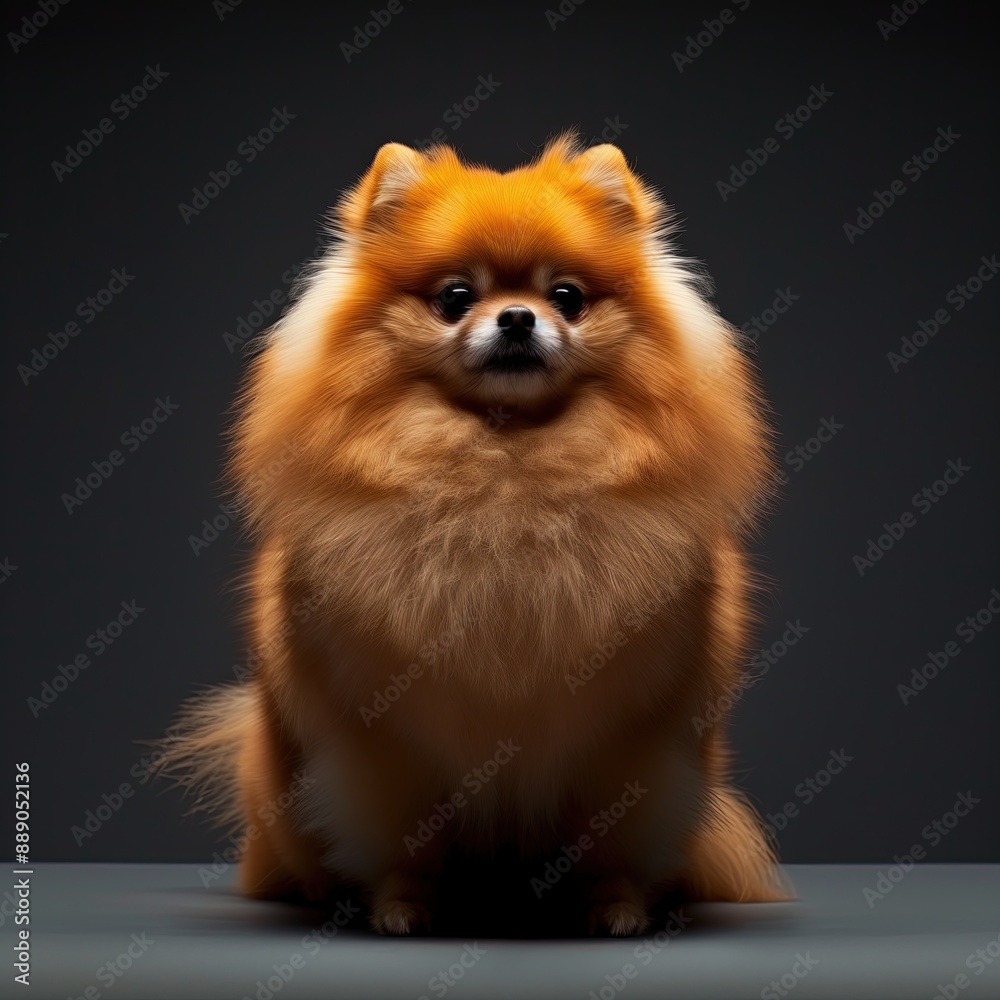 Front view of a fluffy Pomeranian dog against a dark background Front view of a fluffy Pomeranian dog against a dark background