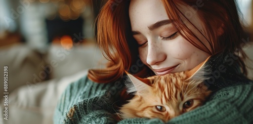 Woman Napping With Cat Near Fireplace