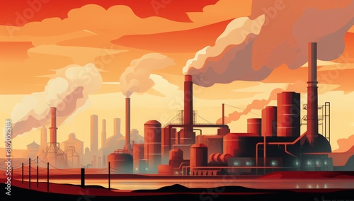Illustration of a factory emitting smoke from chimneys due to industrial pollution, showcasing environmental impact