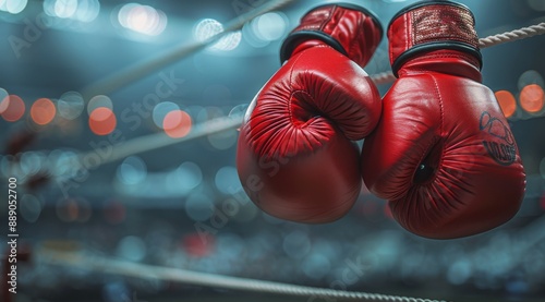 Red Boxing Gloves Hanging on a Ring Rope in a Stadium