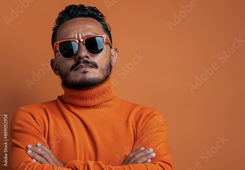 Man Wearing Orange Sunglasses and Turtleneck in Front of Orange Background