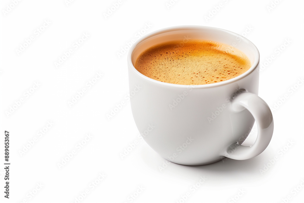 A white cup filled with a perfect shot of espresso, showcasing a creamy, ideal for coffee aficionados, on white background.