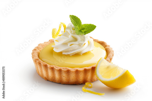 A lemon tart with a smooth, shiny lemon curd, topped with whipped cream and a sprig of mint, garnished with lemon slices and zest.