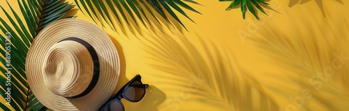 Straw Hat and Sunglasses on Yellow Background With Palm Leaves