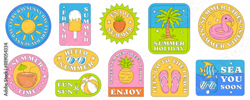 Summer beach retro funky flat stickers set. Simple icons with seasonal elements, fruit, slogan or quotes. Groovy summer vector illustration, sticker pack or collection of badges isolated on white