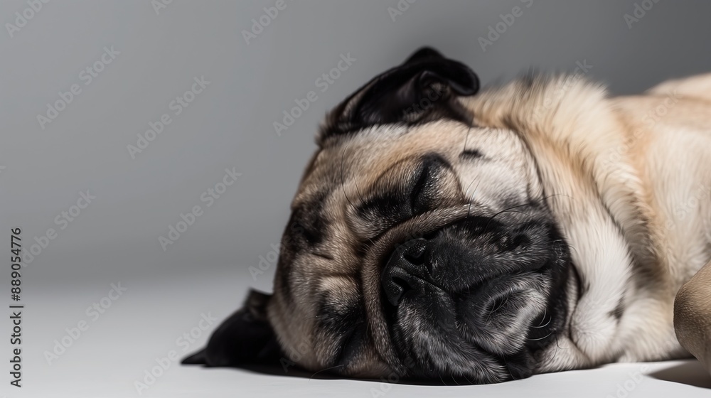 Obraz premium Pug sleeping peacefully on white surface, close-up