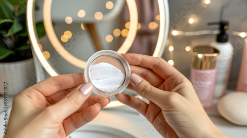 A person gently applying an overnight collagen mask in front of a softly lit bathroom mirror. The bathroom features plants and stone accessories, creating a serene and luxurious atmosphere photo