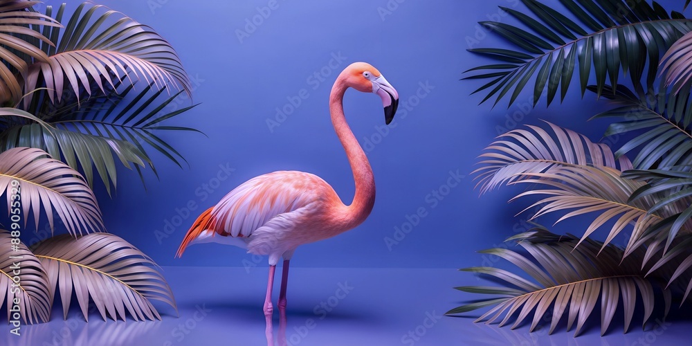 Fototapeta premium Tropical Background A flamingo stands in front of a blue background with green leaves