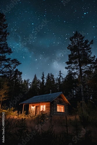 Night at a Cabin in the Wood Wilderness Surrounded by Pine Trees Under a Starry Sky © Simone