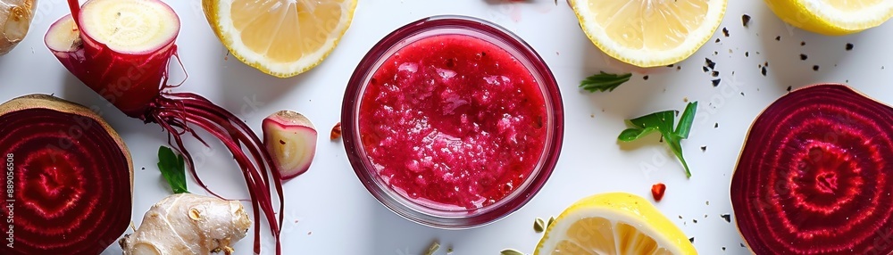 A bowl of red sauce is on a table with a bunch of lemons and beets. The lemons are sliced and the beets are cut into wedges A bowl of red sauce is on a table with a bunch of lemons and beets. The lemons are sliced and the beets are cut into wedges