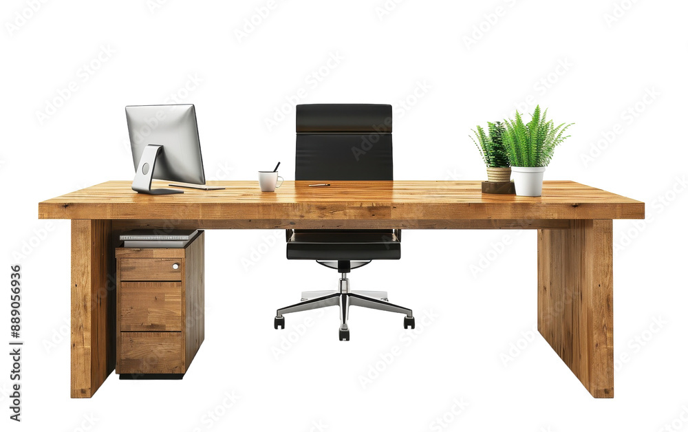 Modern Wooden Desk With Black Office Chair and Plants Modern Wooden Desk With Black Office Chair and Plants