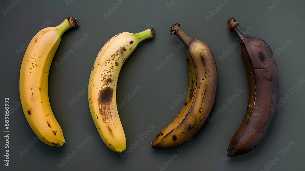 a sequence of four bananas, each transitioning seamlessly from fresh yellow to dark brown, diffrente bananas a sequence of four bananas, each transitioning seamlessly from fresh yellow to dark brown, diffrente bananas