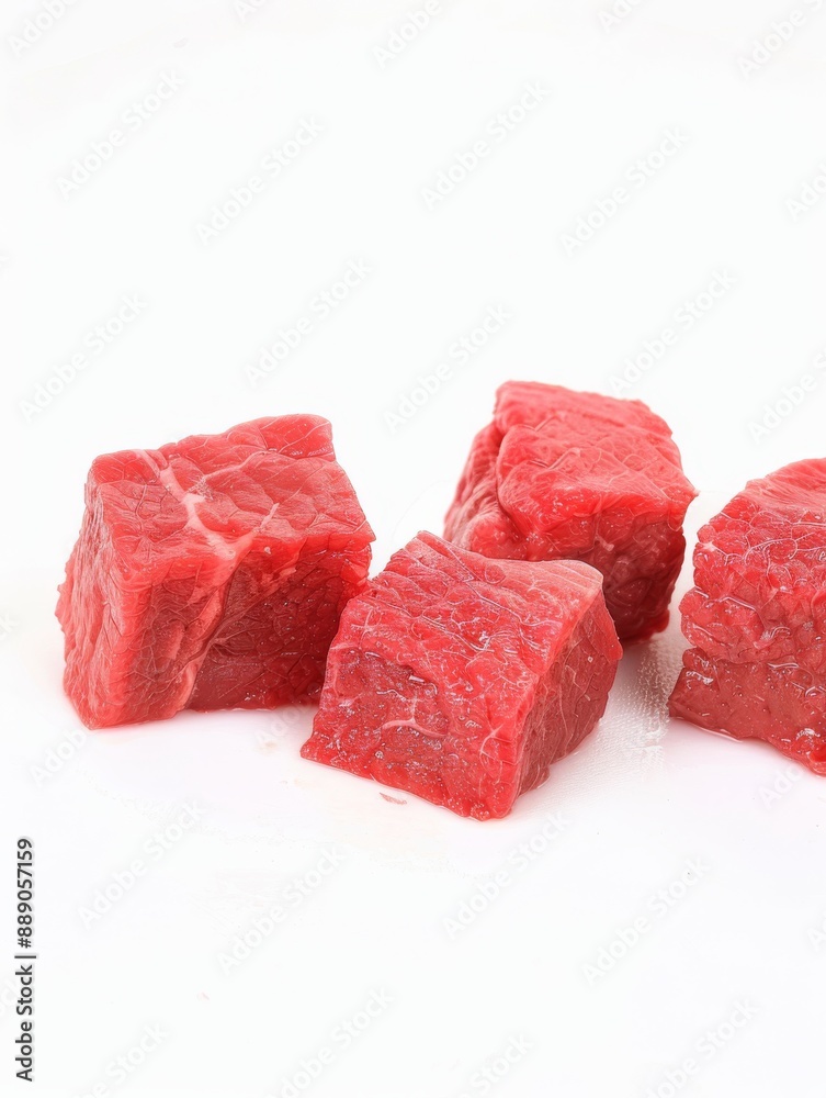 Raw beef cubes on a white background. Fresh meat for cooking and food industry. Raw beef cubes on a white background. Fresh meat for cooking and food industry.