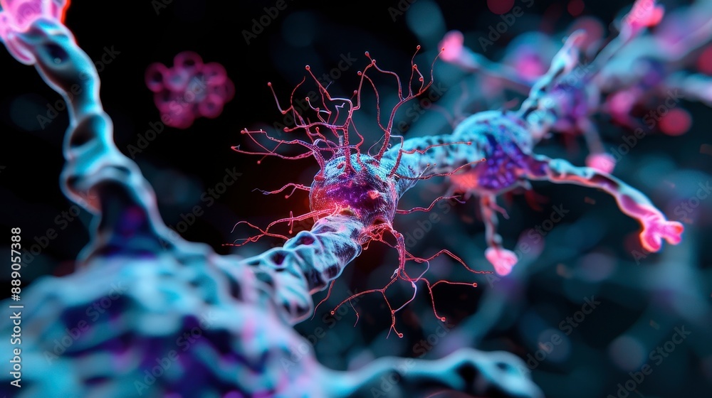 Human cell with glowing nanotechnology, 3D model, neon colors, detailed illustration, high-tech visualization Human cell with glowing nanotechnology, 3D model, neon colors, detailed illustration, high-tech visualization