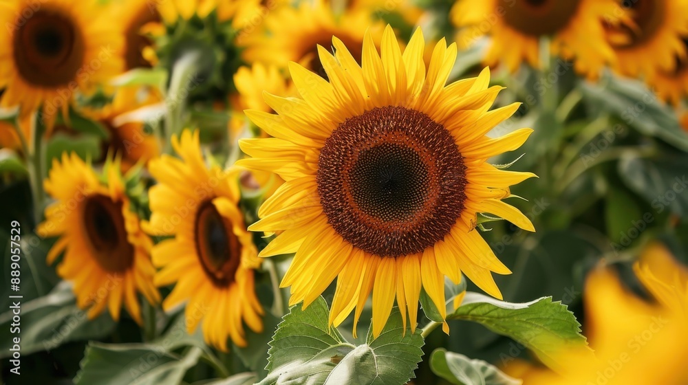 Fototapeta premium A field of sunflowers with a single sunflower in the foreground. The sunflower is the main focus of the image, and the rest of the sunflowers are in the background. Concept of warmth and happiness