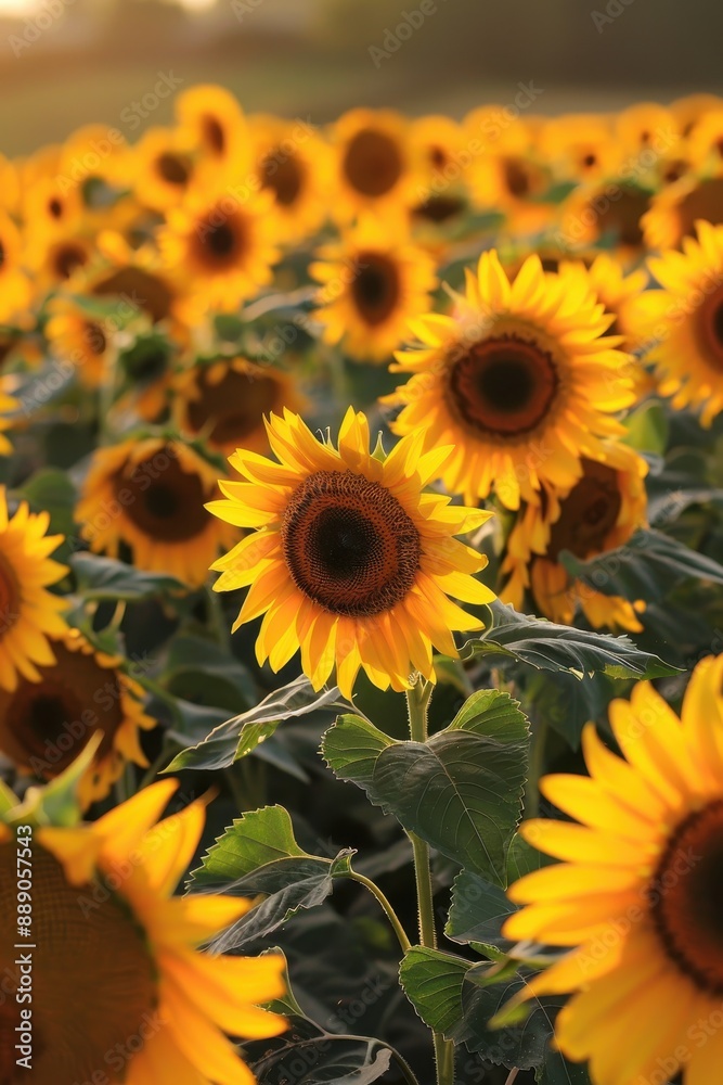 Fototapeta premium A field of sunflowers with a single sunflower in the foreground. The sunflower is the main focus of the image, and the rest of the sunflowers are in the background. Concept of warmth and happiness