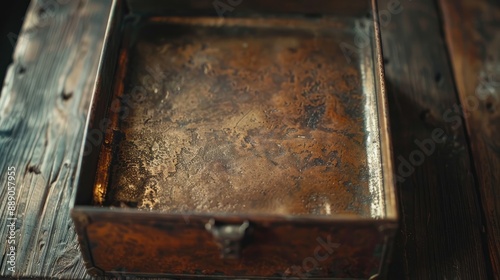Antique metal box open empty bronze with textured surface Blurred background close up shot open for text insertion