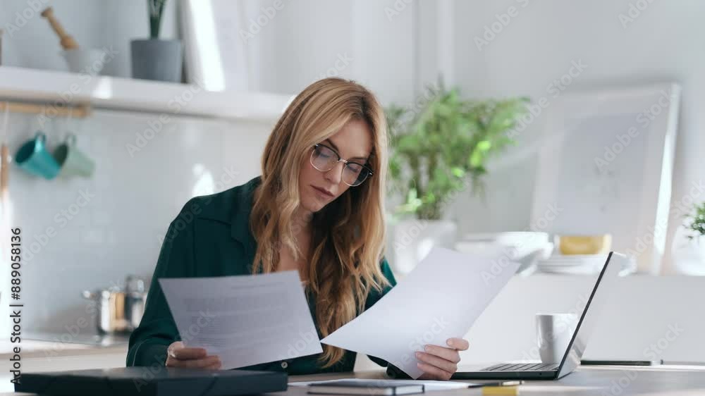 Video of pretty young business woman working with computer while consulting some invoices and documents in the kitchen at home. Video of pretty young business woman working with computer while consulting some invoices and documents in the kitchen at home.