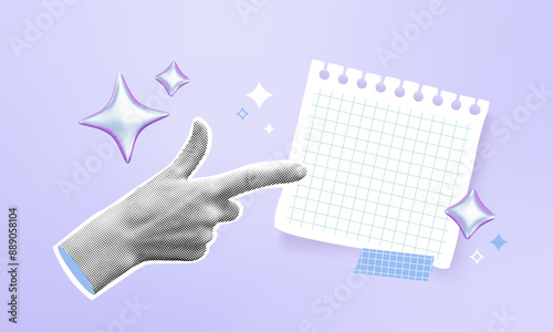 Halftone hand pointing on blank paper sheet. 3d futuristic stars on pastel purple background. Advertising banner. Vector illustration. Show gesture to offer or sale. Information collage. Mixed media.