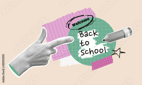 Back to school concept in collage style. Halftone hand and pencil pointing on text on checkered paper shape. Adhesive tape and chalk drawing graphics, doodle textures. Vector contemporary illustration