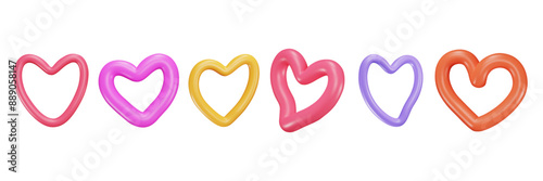 3d framing hearts set. Colorful inflated lines bubbles. Love elements. Plastic isolated shapes. Vector illustration. Playful romantic forms render. Fluid volumetric Valentine's day decoration.