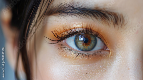 Close-up gray eye Japanese korean chinese asian woman, beauty salon treatment, 2d volume, classical lashes, brows lamination