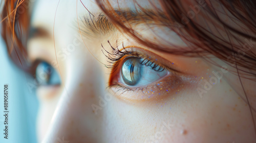 Close-up gray eye Japanese korean chinese asian woman, beauty salon treatment, 2d volume, classical lashes, brows lamination