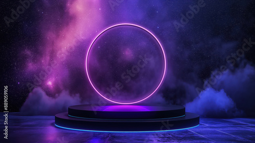 A futuristic podium with a glowing circle, surrounded by clouds and stars. Perfect for product displays or futuristic design concepts. © Quality Photos
