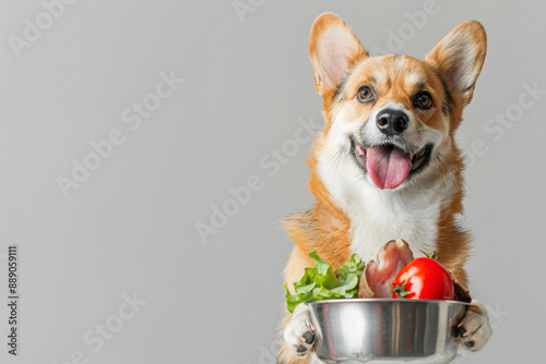 Pembroke Corgi with a big smile, showing off its nutritious meal with meat and veggies