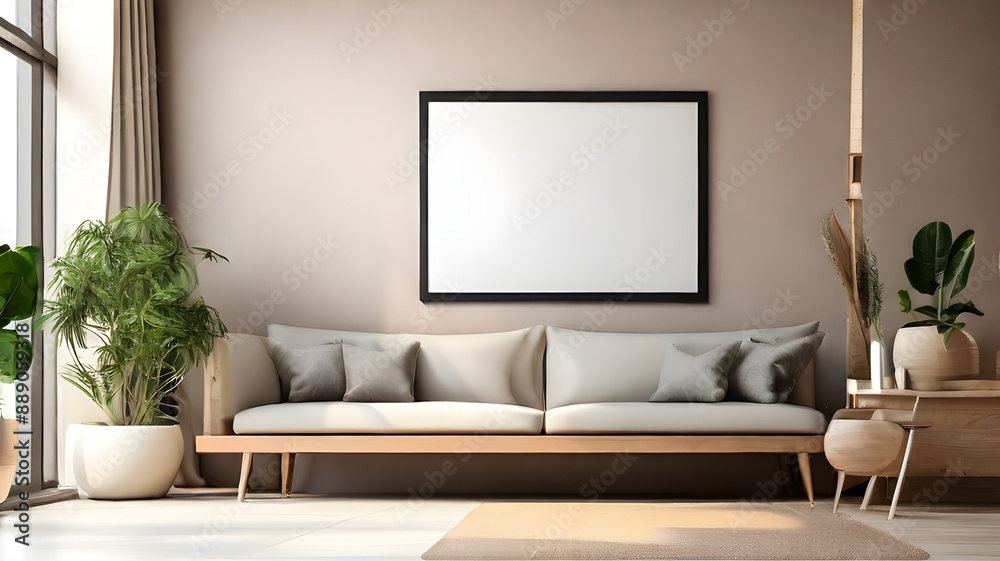 Empty frame poster mockup in a minimalist interior living room with armchairs and potted plants Empty frame poster mockup in a minimalist interior living room with armchairs and potted plants