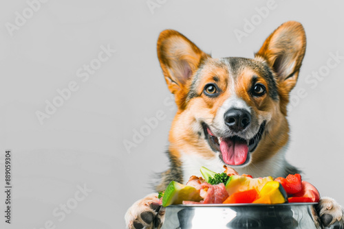 A cheerful Pembroke Welsh Corgi enjoying a balanced diet with fresh ingredients