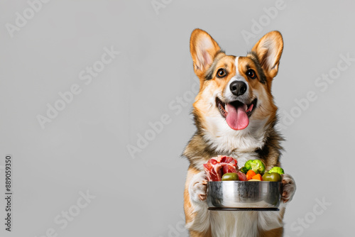 A joyful Pembroke Welsh Corgi with a bowl of nutritious food, smiling happily