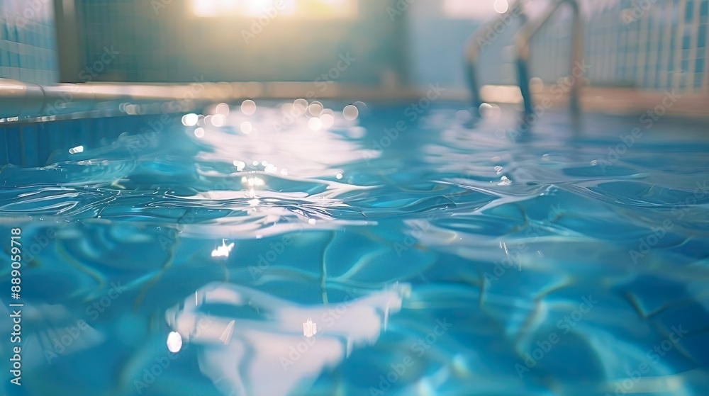 Obraz premium A close-up view of ripples on the surface of a swimming pool with sunlight reflecting off the water
