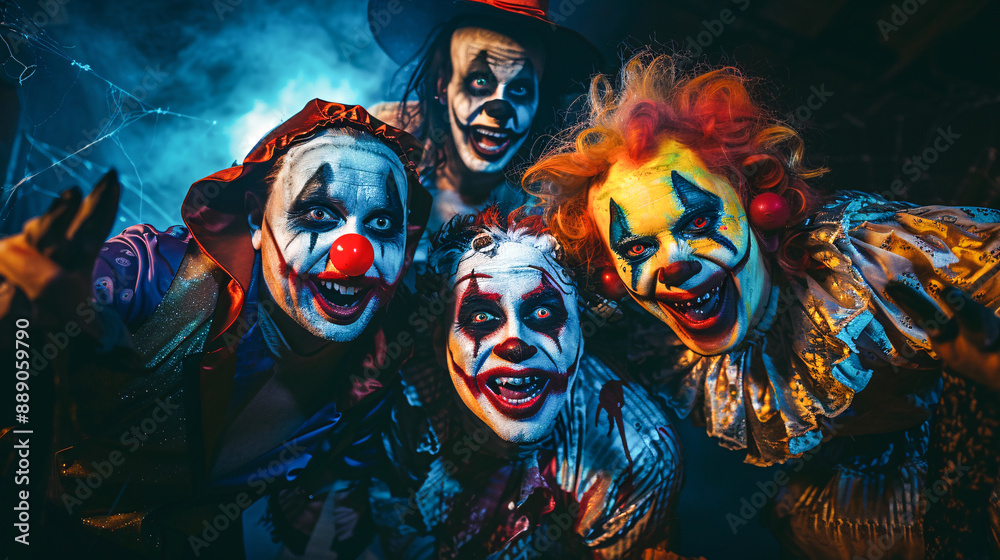 Party of friends dressed in colorful Halloween costumes posing with exaggerated expressions, surrounded by spooky decorations with a dark background. Generative AI illustration. Party of friends dressed in colorful Halloween costumes posing with exaggerated expressions, surrounded by spooky decorations with a dark background. Generative AI illustration.