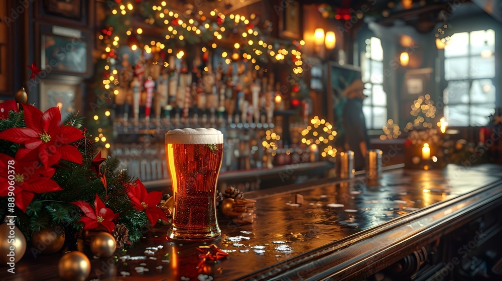 Beer glass on bar with Christmas decor. Beer glass on bar with Christmas decor.