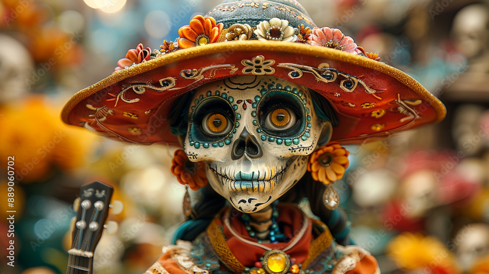 Fototapeta premium doll with sugar skull makeup, floral crown, the Day of the Dead