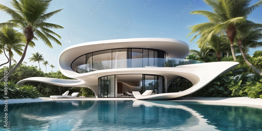 Fototapeta premium modern house with a curved white structure and a large swimming pool in front of it.